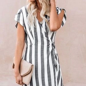 STRIPE WRAP MIDI DRESS